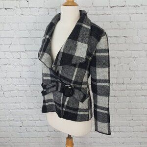 Black White Plaid Gray Belted Short Shawl Collar Jacket S